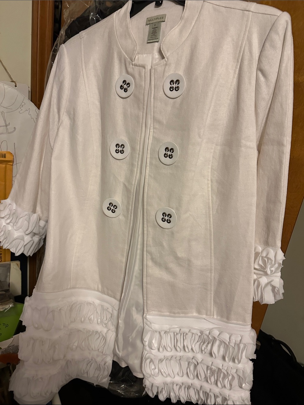 Multiples White Double-Breasted Ruffle-Trim Pea Coat